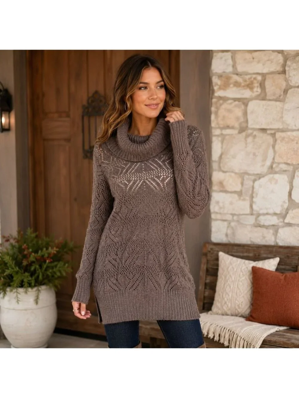 Maurices Sweater Womens L Taupe Brown Cowl Neck Pointelle Open Knit Boho